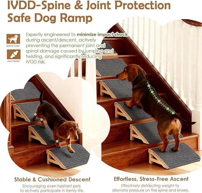 2-Pack Dog Ramp Stairs for Pets ups to 170lbs, Durable Anti-Slip Carpet Surface, Wooden Low-Angled Pet Ramp Assist for Injured & Aged Pets, Stairs Ramp for Small Dogs, No Assembly（Natural Solid Wood）
