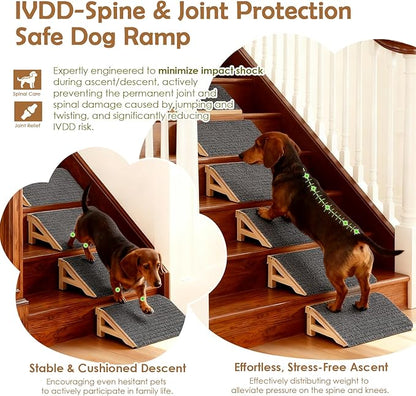 2-Pack Dog Ramp Stairs for Pets ups to 170lbs, Durable Anti-Slip Carpet Surface, Wooden Low-Angled Pet Ramp Assist for Injured & Aged Pets, Stairs Ramp for Small Dogs, No Assembly（Natural Solid Wood）