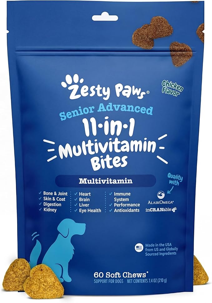 Zesty Paws Senior Dog Multivitamin Treats - Glucosamine for Dogs + Digestive Enzymes & Probiotics - Grain Free Dog Vitamins and Supplements for Skin & Coat + Immune Health Chicken - Advanced - 60ct