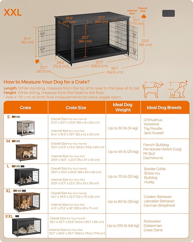 Feandrea 56.1" Dog Crate Furniture, Indoor Dog Cage Side End Table, XXL Pet Wood Kennel for Large and Medium Dogs up to 105 lb with Multi-Purpose Removable Tray, Double-Door Pet House, Ink Black