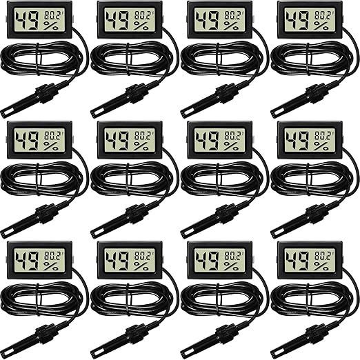 Weewooday Mini Digital Temperature Humidity Meters Gauge with Probe Gauge LCD Fahrenheit Display Thermometer Hygrometer for Incubator Reptile Plant Greenhouse Chicken Coop Garden(Black, 12 Pieces)