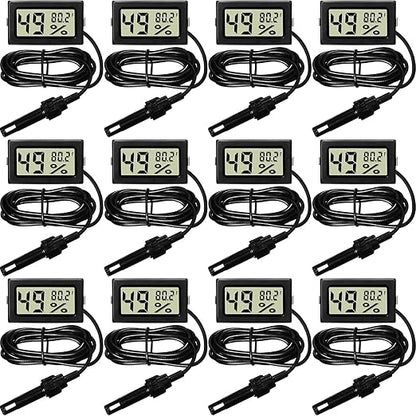 Weewooday Mini Digital Temperature Humidity Meters Gauge with Probe Gauge LCD Fahrenheit Display Thermometer Hygrometer for Incubator Reptile Plant Greenhouse Chicken Coop Garden(Black, 12 Pieces)
