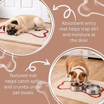 Soggy Doggy Slopmat Dog Food Mat – Absorbent Microfiber Chenille Pet Feeding Mat for Food & Water Bowls, Muddy Paws Small Doormat, Non-Slip, Machine Washable Rug – Beige/Red Bone, 18” x 24”