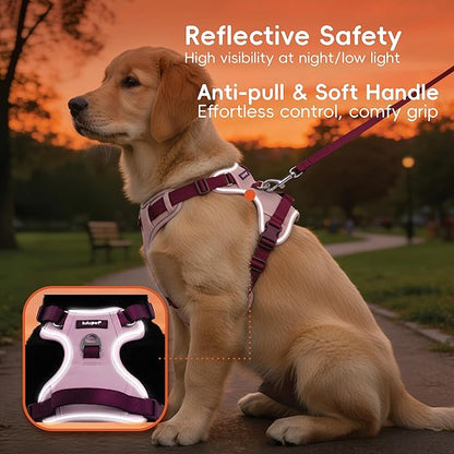 3 in 1 No Pull Dog Harness Leash and Collar Set, Soft Adjustable Dogs Vest Reflective and Comfortable Handle Pink Medium