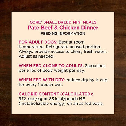 Wellness CORE Small Breed Mini Meals Pate Adult Wet Dog Food, Grain Free, Natural, Beef and Chicken Dinner Recipe, 3 oz, Pack of 12 Pouches
