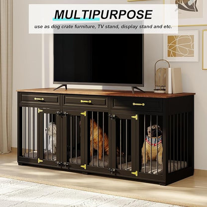 Dog Crate Furniture - Indoor Wooden Dog Kennel Crate Furniture with 2 Dividers, 3 Drawers, and 3 Lockable Doors, 72"x23.6"x31.5"H, Black