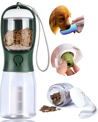 Dog Water Bottle with Food Container, Portable Pet Dog Water Dispenser for Outdoor Walking,Hiking,Travel,Puppy Essentials,Puppy Supplies,Replaceable Waste Bags