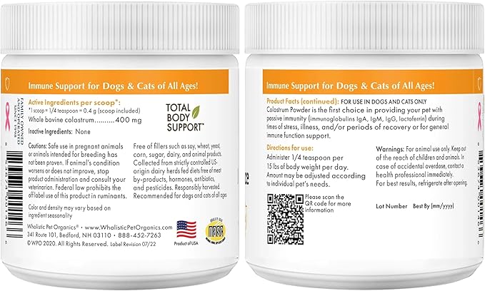 Wholistic Pet Organics Colostrum for Dogs & Cats - Bovine Colostrum Powder - Cat & Dog Allergy Relief, Immune Support & Itching Skin Relief - Cat and Dog Vitamins for Itchy Skin - 2 oz - 140 Scoops