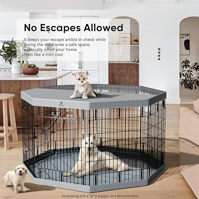 PJYuCien Dog Playpen with Bottom Pad - Metal Foldable Exercise Pen, 8 Panels 24" H x 24" W Indoor Outdoor Pet Fence Puppy Crate Kennel, Gray