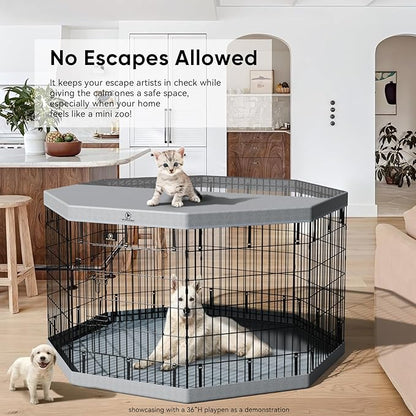 PJYuCien Dog Playpen with Bottom Pad - Metal Foldable Exercise Pen, 8 Panels 24" H x 24" W Indoor Outdoor Pet Fence Puppy Crate Kennel, Gray