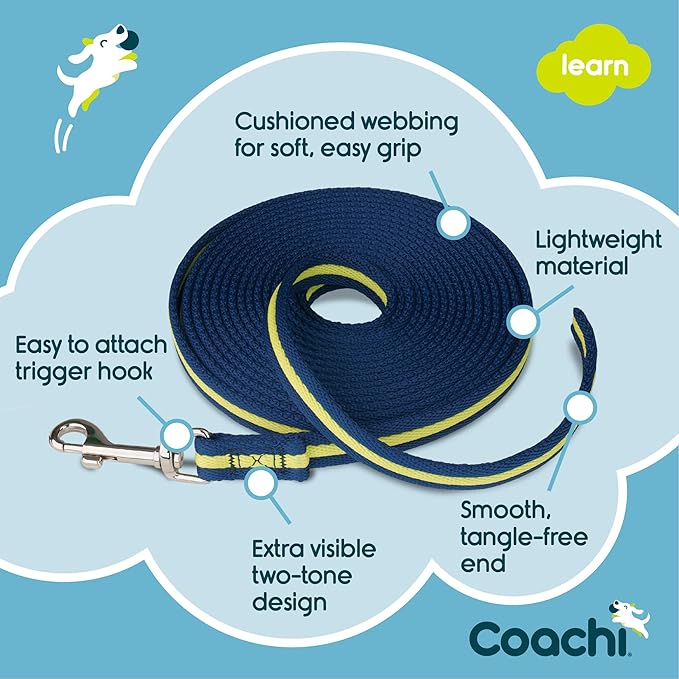 Coachi Training Line 5m, Safe Training Outdoors, Recall Training, Dog & Puppy Socialization, Lightweight, Soft to Hold, Suitable for Small & Medium Dogs & Puppies, Navy and Lime