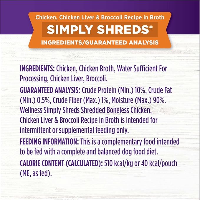 Wellness Bowl Boosters Simply Shreds Wet Dog Food Topper for Small, Medium, and Large Breeds, Grain Free, Natural, Chicken Liver and Broccoli Recipe, 2.8 oz, Pack of 12 Pouches