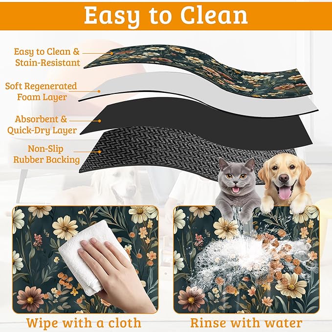 Dog Bowl Mat,Brown Flowers Pet Feeding Mat for Floors Waterproof,White Absorbent Dogs Placemat for Food and Water Quick Dry Pet Cat Feeding Mats with Non Slip Bottom 16" x 24"