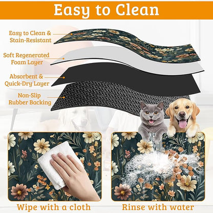 Dog Bowl Mat,Brown Flowers Pet Feeding Mat for Floors Waterproof,White Absorbent Dogs Placemat for Food and Water Quick Dry Pet Cat Feeding Mats with Non Slip Bottom 16" x 24"