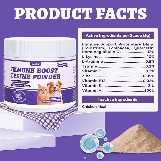 Wellix 7.05oz Lysine Powder for Cats & Dogs with Colostrum & Taurine for Dogs & Cats - Immune Support Supplement with Quercetin & Multivitamin for Respiratory Health, Coughing Treatment