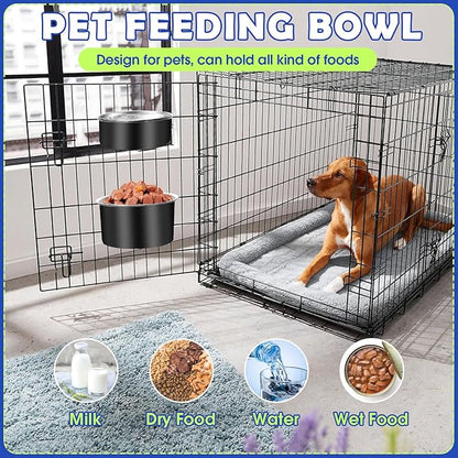 Attachable Dog Bowls for Crates, ShineMe 40oz & 60oz Dog Kennel Food and Water Bowl, 7.1 x 3.7” & 6.3 x 2.6” Dogs Crate Bowls Hanging No Spill for Large or Medium Dogs, Set of 2 Black
