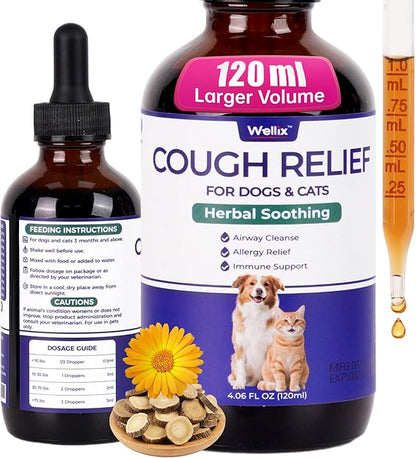 Wellix 120ml Kennel Cough Treatment for Dogs & Cats High-Volume - All Herbal Formula for Dog Cough, Sneezing & Cat Cold Relief - Durable Bacon Flavor Throat Gold for Dogs