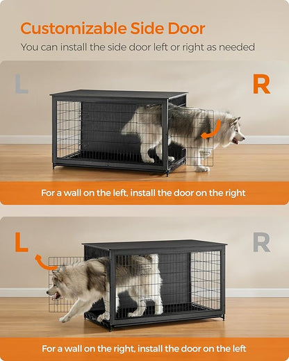 Feandrea 56.1" Dog Crate Furniture, Indoor Dog Cage Side End Table, XXL Pet Wood Kennel for Large and Medium Dogs up to 105 lb with Multi-Purpose Removable Tray, Double-Door Pet House, Ink Black