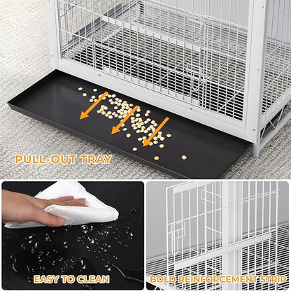 TLSUNNY Dog Crate Furniture, 44.1" Wooden Side End Table, Modern Dog Kennel with Double Doors, Heavy-Duty Dog Cage w/Pull-Out Removable Tray, Indoor Medium/Large/Small Pet House Furniture, White