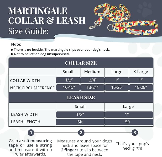 Lucky Love Dog Martingale Dog Collar & Leash - Adjustable, No-Slip, Durable, Comfortable, Soft Webbing, & Stylish Patterned Collar & Leash Set for Male and Female Dogs - Oscar Combo, Small
