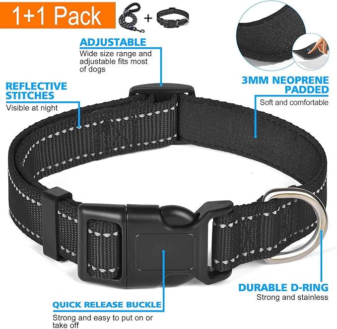 Ladoogo Reflective Dog Collar Padded with Soft Neoprene Breathable Adjustable Nylon Dog Collars for Small Medium Large Dogs (X-Small (Pack of 1), Black Collar+Leash)