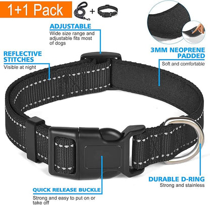 Ladoogo Reflective Dog Collar Padded with Soft Neoprene Breathable Adjustable Nylon Dog Collars for Small Medium Large Dogs (Large (Pack of 1), Black Collar+Leash)
