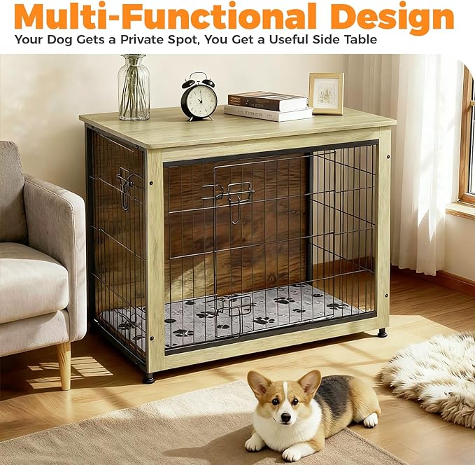 SHAWKEN Wooden & Metal Medium Dog Crate Furniture Indoor with Soft Cushion, Double-Door Dog House, 31.5" L Dog Kennel (Oak Grey, Medium)