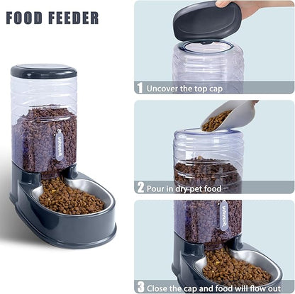 UniqueFit Cats Dogs Automatic Food Feeder and Water Dispenser Set 3.8L with Stainless Steel Bowl
