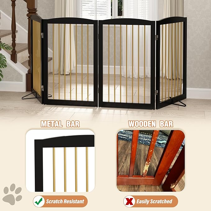 PUPETPO Freestanding Pet Gate for Dogs, Indoor Wooden Dog Gate for House, Foldable Dog Gate for Doorway, Stair, Step Over Pet Puppy Safety Fence Tall, 80 Inch Wide, 4 Panels 32", Black & Gold