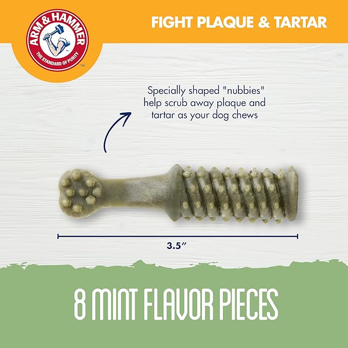 Arm & Hammer for Pets Nubbies Dental Treats - Baking Soda & Calcium Dog Dental Chews, Nubbed Texture Helps Scrub Plaque & Tartar While Chewing, Mint Flavor, 8 Count, 6.5 Ounce