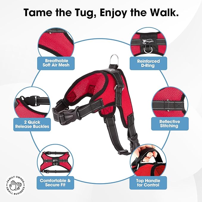 No Pull Reflective Adjustable Dog Harness With Handle- Comfortable Soft All Weather Mesh, Easy On Puppy Harness For Small Medium and Large Dogs (Red) Medium