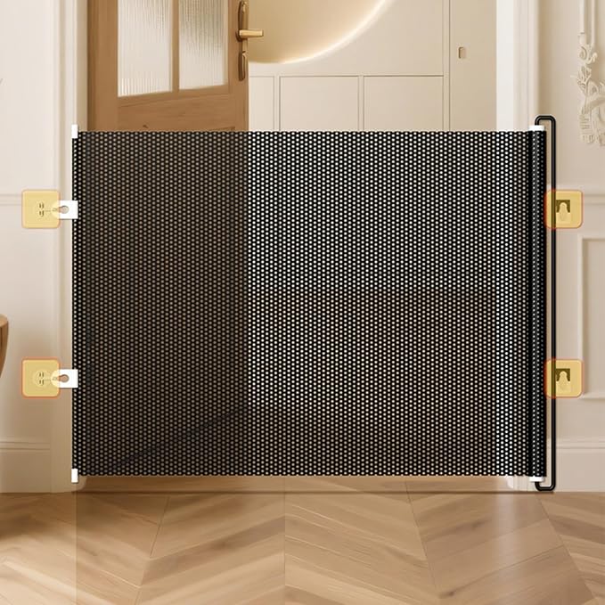 Dog Gate for Stairs- Bretractable Pet Gate, Door Gates for Pets |,No Drilling Safety Barriers 49 Inch Wide for Stairway Hallway Patio Porch Yard Balcony Deck Bathroom Garage