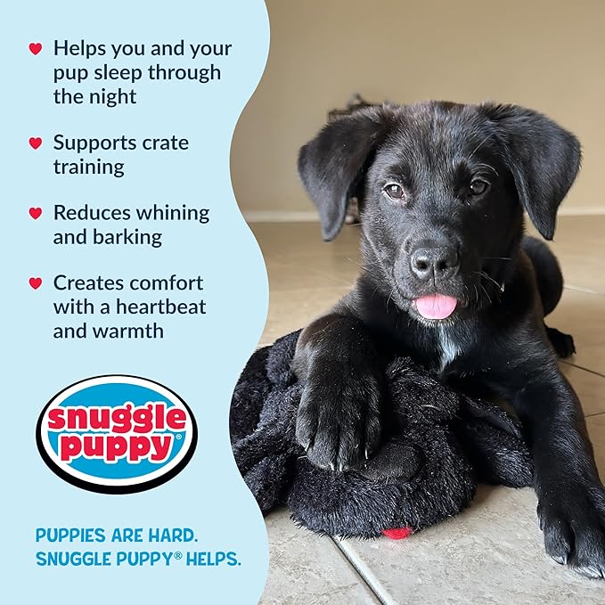 Snuggle Puppy Heartbeat Dog Toy for Puppies, Real-Feel Heartbeat, Calming Sleep Aid and Crate Training Comfort Toy with Heat Pack, Black Plush Design