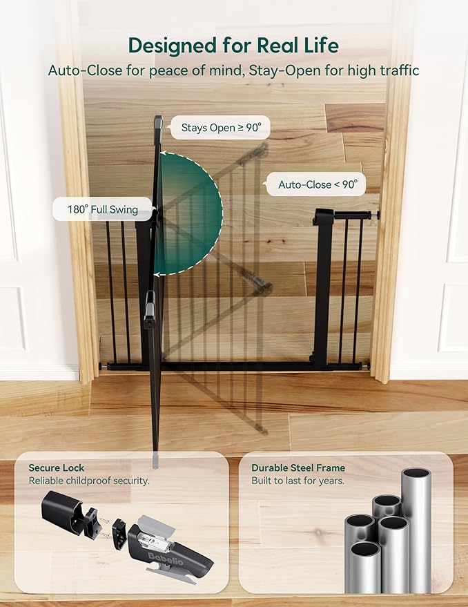 Babelio Baby Gate for Doorways and Stairs, PressGuard P7 Auto Close Dog Gate, 36" Tall Easy Install Pressure Mounted, fits for 29-43" Doorway, Safety Gate Door for Child and Pet, Black