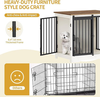 Hzuaneri 27.2" Dog Crate Furniture with Barn Door, Heavy Duty Dog Kennel Indoor with 2 Doors, Wooden Pet Cage End Table for Small Medium Dogs up to 22 lb, Anti-Chew Anti-Escape, White Brown DFC84314B