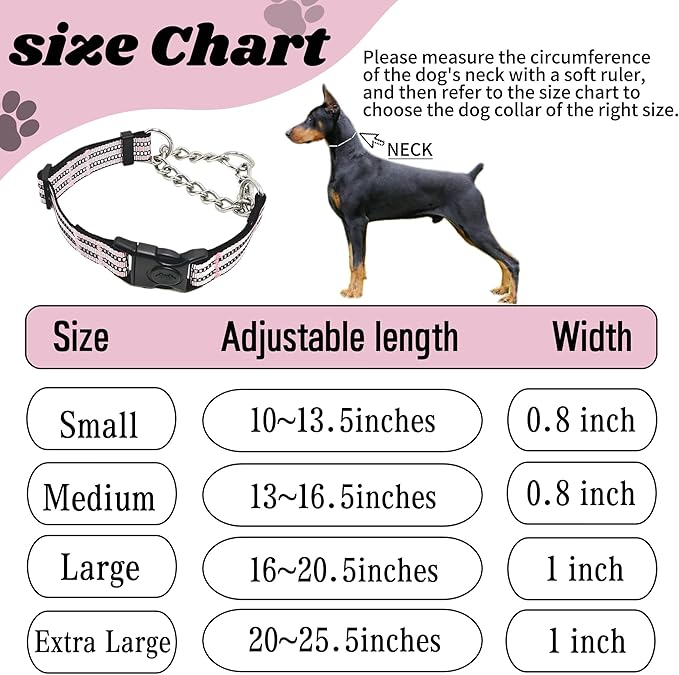 Martingale Dog Collars, Reflective Nylon Collar with Stainless Steel Chain, Adjustable Walking Training Dog Collars with Quick Release Buckle, Suitable for Small Medium Large Dogs(Pink,M)