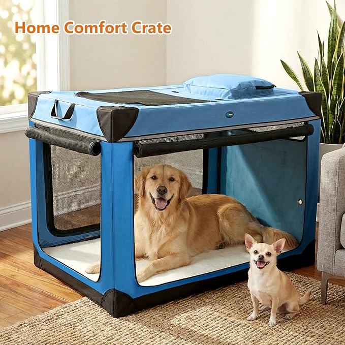 Ownpets Collapsible Dog Crate, 42 inch Portable Travel Dog Crate for Large Dogs, 4-Door Foldable Pet Kennel with Durable Mesh Windows & Soft Mat, Blue