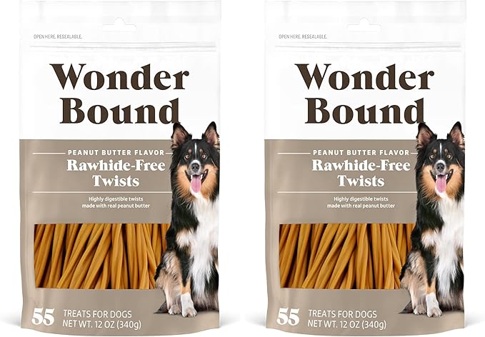 Amazon Brand - Wonder Bound Peanut Butter Flavor Rawhide Free Twists Dog Treats, Long-Lasting, Easily Digestible Dental Health Chews, 55 Count, 12 Ounces (Pack of 2)