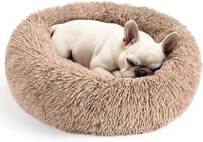 Hoewina Dog & Cat Bed for Indoor Cats, 20in Calming Donut Bed for Puppy and Kitten, Washable Round Fluffy Pet Bed for Small Medium Dogs and Cats (Camel)
