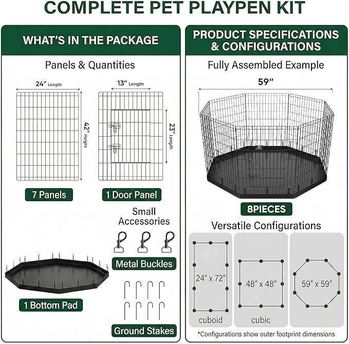 PJYuCien Dog Playpen with Bottom Pad - Metal Foldable Exercise Pen, 8 Panels 42" H x 24" W Indoor Outdoor Pet Fence Puppy Crate Kennel, Black