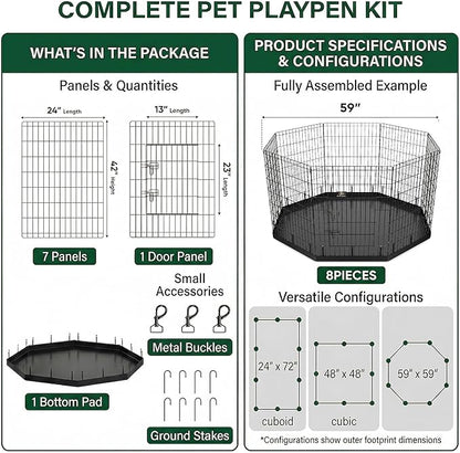 PJYuCien Dog Playpen with Bottom Pad - Metal Foldable Exercise Pen, 8 Panels 42" H x 24" W Indoor Outdoor Pet Fence Puppy Crate Kennel, Black