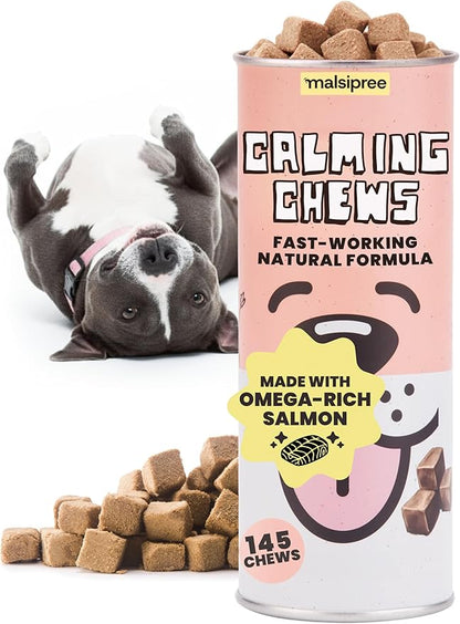 MalsiPree Calming Soft Chews for Dogs - 145 Count, Salmon Flavor - Promotes Relaxation & Composure - Support for Car Rides, Loud Noises, Grooming & Changes in Routine - with Chamomile & Melatonin