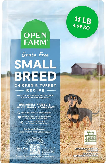 Open Farm, Grain-Free Dry Dog Food for Small Breeds, High-Protein Kibble, Sustainably & Ethically Sourced Ingredients, Non-GMO Veggies & Superfoods, Chicken & Turkey Recipe for Small Dogs, 11lb Bag