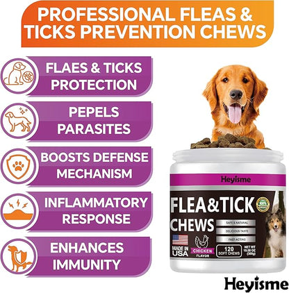Flea and Tick Prevention for Dogs Chewables, Natural Dog Flea and Tick Control Supplement, Flea Treatment for Dogs, Oral Flea and Tick Chews Treats for All Breeds and Ages (Chicken, 120 Chews)