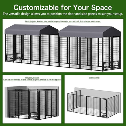 Dog Kennel Outdoor 8 x4 x6 ft with Roof and Rotating Bowl Holders, Large Metal Dog Enclosure, Heavy Duty Dog House Built with Robust 4mm Diameter Wire (8'L x 4'W x 6'H)