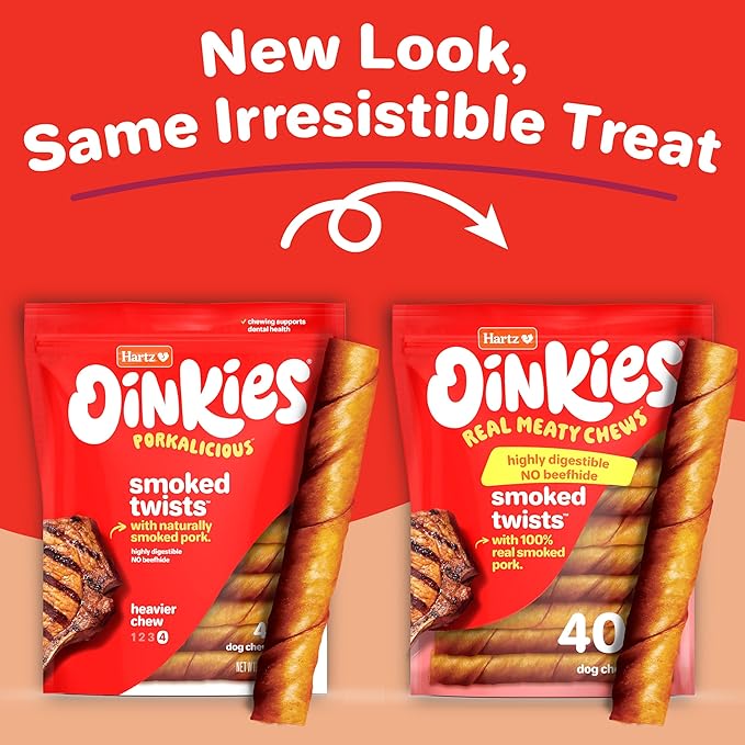 Hartz Oinkies Smoked Twists with Naturally Smoked Pork Rawhide-Free Dog Treats,Highly Digestible Long Lasting Dog Chews,(Pack of 80)