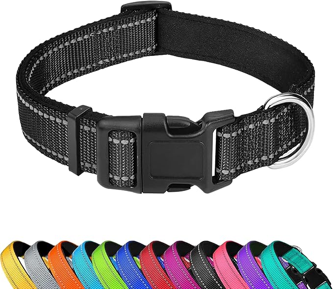 Reflective Dog Collar, Adjustable Soft Neoprene Padded Nylon Pet Collars with Buckle for Large Dogs, Black,L