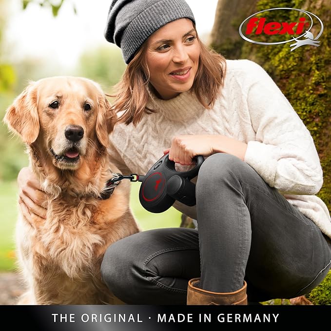 FLEXI New Classic Tape Retractable Dog Leash for Medium Dogs Upto 30-55 lbs. – 16 ft., Black Red |Tangle Free Pet Walking Leash with One-Handed Brake, Pause, Lock |German Quality Product