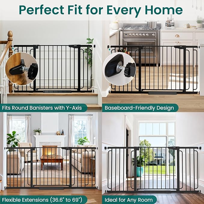 Cumbor Extra Wide Baby Gate, 36.6-69" Walk-Through Dog Gate for Stairs, Doorways & Hallways, 30.5“ Tall, Auto-Close & Dual-Swing Safety Child Gate Indoor, Easy Install Pressure-Mounted Pet Gate, Black