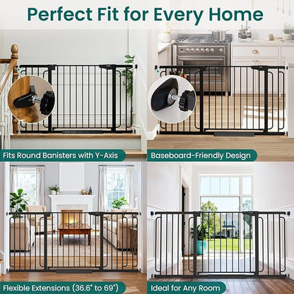 Cumbor Extra Wide Baby Gate, 36.6-69" Walk-Through Dog Gate for Stairs, Doorways & Hallways, 30.5“ Tall, Auto-Close & Dual-Swing Safety Child Gate Indoor, Easy Install Pressure-Mounted Pet Gate, Black